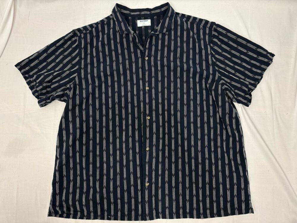 OLD NAVY Button Up Short Sleeve Shirt Men’s 3X Relaxed Stripe Navy Blue Nautical